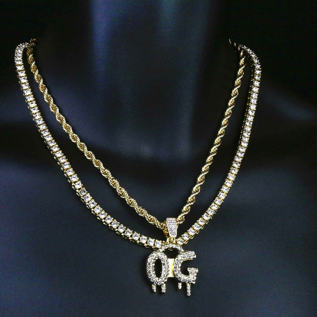 14k Gold Og 20" And 1 Rope And Row Chain + Pendant